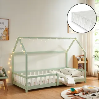 Hausbett ‘Hesel’ für Kinder mit Matratze Rausfallschutz Lattenrost 90 x 200 cm Mintgrün - Grün
