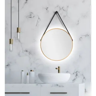 Wandspiegel rund Talos Gold Light Matt Ø 50 cm - Badspiegel mit indirekter Beleuchtung - Aufhängegurt in Lederoptik - Lichtspiegel mit Lichtfarbe neutralweiß - hochwertiger matt goldener Aluminiumrahmen - Badezimmerspiegel - Gold