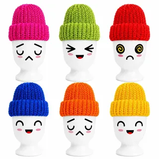 MIJOMA Set 6 Porzellan Eierbecher mit 6 bunten Eierwärmer Mützen – spülmaschinenfest, für Frühstück und Brunch (Weiß, Funny Faces 2)