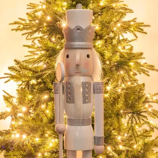 KI Store 120 cm Weihnachten Nussknacker Lebensgröße Groß XXL Holz Nussknacker Figur Weihnachtsdekoration (Weiss Silber)