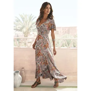 Maxikleid LASCANA "mit Paisleydruck, Schlitz und Volant, Flügelärmel", Damen, Gr. 34, N-Gr, bunt (bunt bedruckt), Jersey, Obermaterial: 100% Viskose, Paisley, bedruckt, figurumspielend knöchellang, V-Ausschnitt, Flügelärmel, Kleider Maxikleid, Druckkleid, luftiges Sommerkleid, modisches Jerseykleid, casual, Topseller