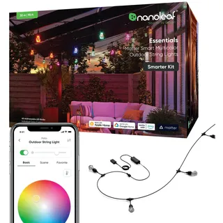 Nanoleaf Essentials Matter, LED Lichterkette Außen 30M Starter Kit (RGBICW) - Smarte und Mehrfarbige mit 16 Mio. Farben, IP65 Wasserdicht, 40 Dimmbaren Glühbirnen, WLAN, Bluetooth und Matter-fähig