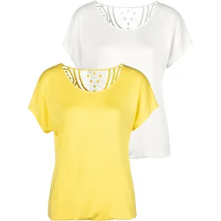 Kurzarmshirt VIVANCE "mit Spitzeneinsatz am Rücken", Damen, Gr. 48/50, gelb (gelb, creme), Single Jersey, Obermaterial: 95% Viskose (LENZINGTM ECOVEROTM), 5% Elasthan. Spitze: 100% Baumwolle, unifarben, figurumspielend, Rundhals, Shirts Kurzarmshirt, aus elastischem Viskose-Jersey, sommerlich leicht, Topseller
