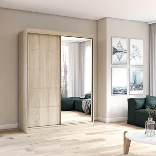 Schwebetürenschrank Kleiderschrank 150 cm Sonoma/Sonoma mit Spiegel - Vista 05 - Braun