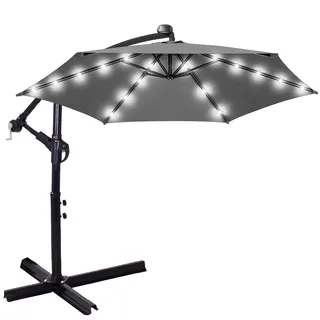 Springos® Ampelschirm mit LED Solarbeleuchtung Kurbel Sonnenschirm XXL Schattenspender Durchmesser 300 cm großer Gartenschirm mit Bezug - Grau