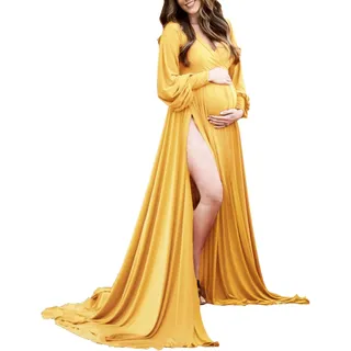 ChoiyuBella Umstandskleid Kleider mit Bishofärmeln für Baby-Party, mit Seitenschlitz, Maxi-Fotoshooting für Fotografie - Gelb - Groß