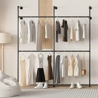 YheenLf Kleiderstange Wandmontage 300 kg Traglast - Offener Kleiderschrank oder Kleiderständer industrial gold aus Metall Wasserrohren, 2-Säule und 2-Etagen, 203x220cm