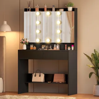 YITAHOME Schminktisch mit Spiegel und 10 LED-Beleuchtung, 3 Farben mit Einstellbarer Helligkeit Frisiertisch Kosmetiktisch mit verstellbaren Ablagen für Make-up, 2 Schubladen, modern (Schwarz)