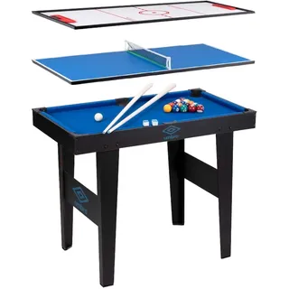 Umbro Spieltisch mit 3 Spielen – Airhockey/Billard/Tischtennis – 91,5 x 50,8 x 73,5 cm – Schwarz/Blau