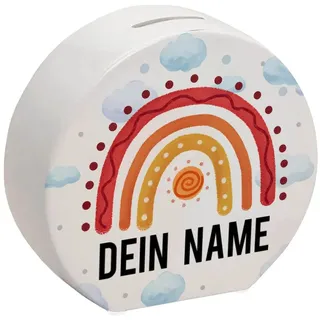 Regenbogen Spardose für Kinder in Wasserfarben Optik - personalisiert mit deinem Namen - Sparschwein zur Einschulung oder zum ersten Taschengeld zum Sparen Münzen und Scheinen für Mädchen und Jungs