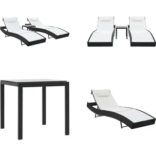 vidaXL Sonnenliegen 2 Stk. mit Tisch Poly Rattan und Textilene Schwarz - Sonnenliege - Sonnenliegen - Rattan-Sonnenliege - Rattan-Sonnenliegen - Schwarz