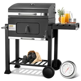 TLSUNNY Holzkohlegrill XL, Grillwagen Holzkohle, BBQ Smoker für Camping | Groß Smoker Holzkohlegrill mit Deckel, Grillrost, 2PCS Rädern, Thermometer, Höhenverstellbar Kohlegrill für Garden, Schwarz