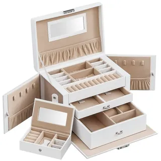 Songmics Schmuckkästchen 3 Ebenen, Schmuckkasten mit 2 Schubladen, Schmuckschatulle mit tragbarer Mini-Box für Reisen, mit Griff, abschließbar, Schmuckaufbewahrung, Geschenkidee, weiß JBC121W