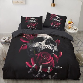 Luowei Bettwäsche Totenkopf 200x200 Gothic Schädel Rosen Halloween Microfaser Bettbezug Set Weiche Komfort Bettwäsche 3 teilig mit Reißverschluss und 2 Kissenbezüge 80×80 cm