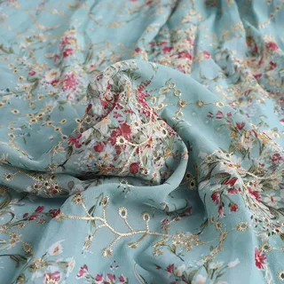 AnnyCraft Bestickte Ösen Chiffon-Stoff mit Blumendruck für Kleiderherstellung, 152,4 cm breit (vorgeschnitten, 2 Meter lang)