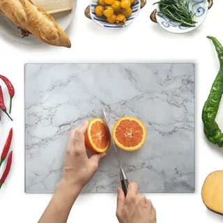 Kitchenville Glasschneidebrett 40×30 cm – Hygienisches Schneidebrett aus gehärtetem Glas – Hitzebeständig, Kratzfest & Rutschfest – Glasplatte für die Küche – Graue Marmoroptik