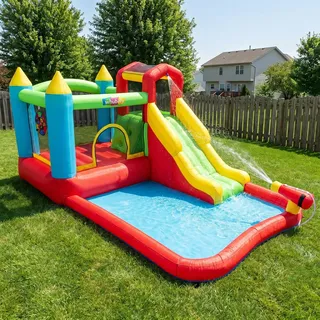 13,5 Fuß Lange aufblasbare Wasserrutsche für sommerliche Gartenpartys drinnen und draußen. Die Wasserrutsche beinhaltet EIN Trampolin, eine Wasserrutsche, EIN Becken und eine Wasserpistole