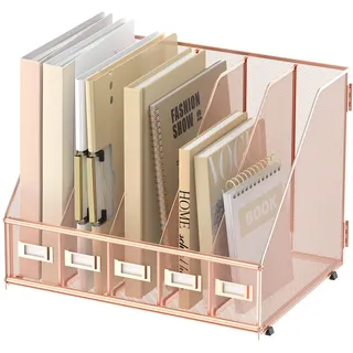 SUPEASY Schreibtisch-Organizer aus Metall, Zeitschriftenhalter mit 5 vertikalen Fächern, Organizer für Büro, Schreibtisch, Heimarbeitsplatz, Roségold