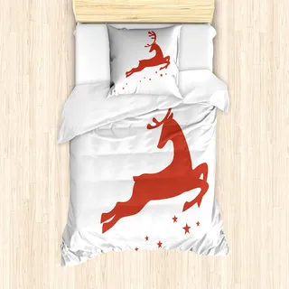 ABAKUHAUS rot Mantele, Jumping Reindeer Sterne, Milbensicher Allergiker geeignet mit Kissenbezügen, 135 cm x 200 cm - 80 x 80 cm, rot-Weiss - Rot