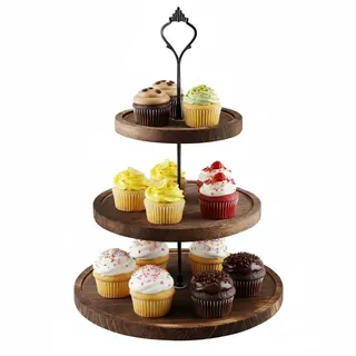 Etagere 3 Etagen aus Holz, Rundes Tortenständer mit Metallgriff, Cupcake Ständer 3-stöckig, Servierständer für Kuchen Obst Muffins, Buffet Zubehör für Geburtstag, Hochzeit, Nachmittagstee
