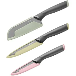 Tefal Slicy 3-tlg. Messer-Set (Santokumesser 12 cm, Universalmesser 12 cm, Schälmesser 9 cm), antihaftbeschichtete Edelstahl-Klinge + Titanverstärkung, Soft Touch Griff, Schwarz/Pastell, K4313S04