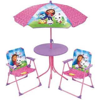Fun House 713602 Gabby ET La Maison Magique Gartenmöbel-Set für Kinder, mit einem Tisch, H 46 x Ø 46 cm, Zwei Stühle, H 53 x B 38,5 x T 37,5 cm und einem Sonnenschirm, H 125 x Ø 100 cm, Rosa