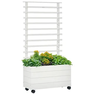 Outsunny Pflanzkasten mit Rankgitter Rädern Blumenkasten mit Spalier Holz Weiß - Weiß