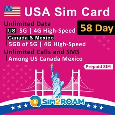 USA-Prepaid-SIM-Karte|Unbegrenzte 5G/4G-Internetdaten in den USA (einschließlich Hawaii)+ 5 GB Highspeed-Daten in Kanada und Mexiko | Unbegrenzte Inlandsgespräche und SMS | Nachfüllbar! (58 Tage)