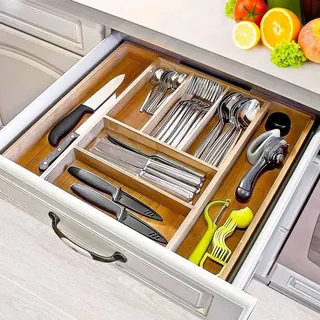 BAKAJI Premium Bambus Besteckkasten für Schubladen, ausziehbar 30-48 x 34 x 5 cm mit Anti-Rutsch Noppen, Besteck Organizer Schubladeneinsatz