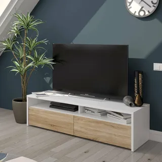 Dmora - TV-Ständer Henderson, Sideboard für Wohnzimmerfernseher mit 2 Türen, Fernsehtisch, Niedriges modernes Wohnzimmerbuffet, cm 130x40h36, Glänzend Weiß