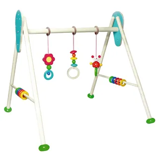Hess Holzspielzeug 20030 - Spielgerät aus Holz, Serie Käfer Tom, für Babys, handgefertigter Spiel-Bogen mit farbenfrohen Figuren und Rasseln, ca. 62 x 57 x 54,5 cm groß
