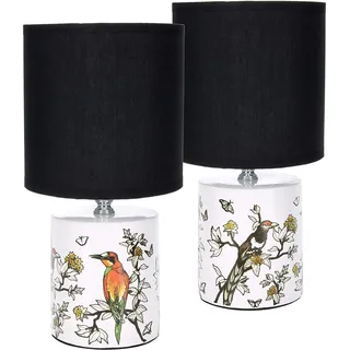 BRUBAKER 2er Set Tisch- oder Nachttischlampen Asiatisches Vogel Design - Chinesische Lampen mit Keramikfuß - 29,5 cm Höhe, Weiß Schwarz