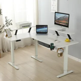 Hilodesk L-Schreibtisch Elektrisch Höhenverstellbar Eckschreibtisch L Förmiger Bürotische Stehpult mit Monitorständer und Schublade 160cm, Weiß - Weiß