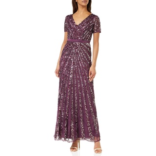 Maya Deluxe Damen Maxi Womens Ladies Embellished Sequin Dress Long Short Sleeve V Neck High Empire Waist A Cut Shiny Prom Wedding Brautjungfernkleid, Berry,46 EU