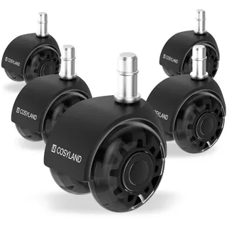 COSYLAND Bürostuhl Rollen 10mm x 22 mm - 5er Set Rollen für Bürostühle - Super Leise und Weiche für Hartböden, Parkett, Teppich, Laminat, Keine Bodenschutzmatte Nötig, Schwarz Doppelräder