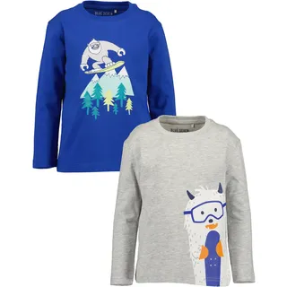 Langarmshirt BLUE SEVEN, Jungen, Gr. 92, blau (blau, graumeliert), Single Jersey, Obermaterial: 100% Baumwolle, bedruckt, meliert, regular fit normal, Rundhals, abgesteppte Kante, Shirts Langarmshirt, mit großen Comic-Frontmotiven