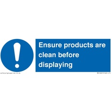 Schild mit Aufschrift "Ensure Products Are Clean Before Displaying", 150 x 50 mm, L15