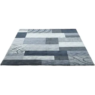 Wollteppich THEKO "Royal Domas 4028", grau (anthrazit), B:60cm H:14mm L:90cm, Schurwolle, Teppiche, Wollteppich, Kurzflor, reine Wolle, handgetuftet, modernes Patchwork Design