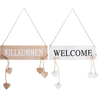 com-four® 2X Türanhänger Willkommen und Welcome mit hängenden Herzen - Türschilder aus Holz zum Aufhängen - Aufhänger zur Frühlingszeit, Ostern und Sommer - Holz-Deko-Schild (02 Stück - weiß)