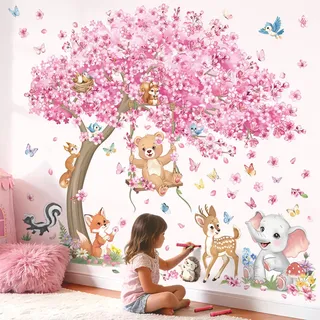 decalmile Wandsticker Waldtiere Kirschblüte Rosa Baum Groß Wandtattoo Kirschbaum Hirsche Fuchs Wandaufkleber Mädchen Kinderzimme Babyzimmer Schlafzimmer Wanddeko