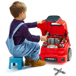 Vevor Motorspielzeug, 60-teilig, Autoreparaturset für Kinder, mit abnehmbaren Teilen, Lichtern & Geräuschen, Lenkrad & Hupe, Mechaniker-Werkstattset für Kinder für Kleinkinder ab 3 Jahren, Rot