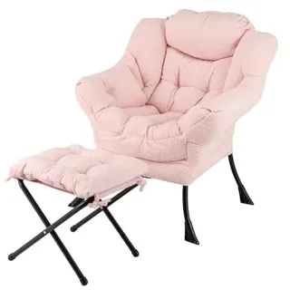 FANTASK Sessel mit Hocker, Relaxsessel mit Armlehnen, Seitentasche & Fußstütze, Loungesessel, Fernsehsessel(Rosa)