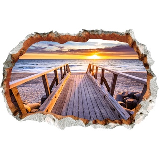 WandSticker4U®- 3D Wandtattoo STEG ZUM MEER I Wandbild 90x60 cm I Wandsticker Strand Sonnenuntergang Poster I Wand Durchbruch Deko für Wohnzimmer Schlafzimmer Küche Flur Bad Aufkleber