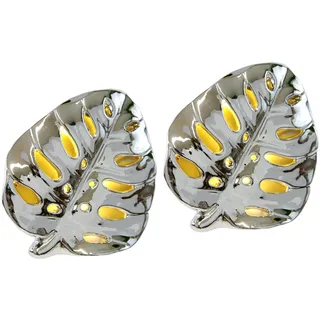 Flair Flower LED-Deko Blatt aus Keramik Deko-Objekt LED-Licht Stimmungsleuchten Statue Skulptur Geschenkidee 2er Set, Silber