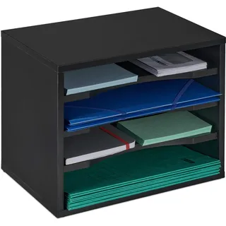 Relaxdays Dokumentenablage, große Briefablage, 4 Fächer, für Schreibtisch, Organizer HxBxT 28 x 35,5 x 25 cm, schwarz