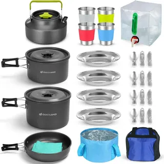 29-teiliges Camping Kochgeschirr Set aus Aluminium und Edelstahl