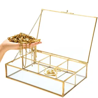 Homtone Schmuckkästchen Vintage Glasbox 4 Fächern, Goldene Messing Glasbox Bleifreie Klares Glas für Andenkenbox, Schmuck Organizer und Thekenaufsatz Kollektion Vitrine, 23x16x5.5cm