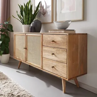 Massivholz Sideboard 140cm Mango Design Kommode mit 3 Rattan Schubladen Wiener Geflecht & 2 Türen - Braun