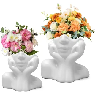 Vase Aesthetic Keramik, Blumenvase Satz von 2 für Deko Schlafzimmer für Decoration Aesthetic Flowers,Cute Head Vasen Weißer Keramik körper Vasen for Office Dining Table Room Decoration