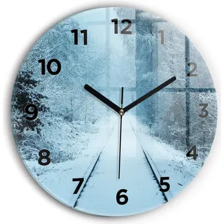 Wallfluent Wanduhr – Stilles Quarzuhrwerk - Uhr Dekoration Wohnzimmer Schlafzimmer Küche - Zifferblatt - schwarze Zeiger - 30 cm - Hirsche auf den Gleisen - Weiß